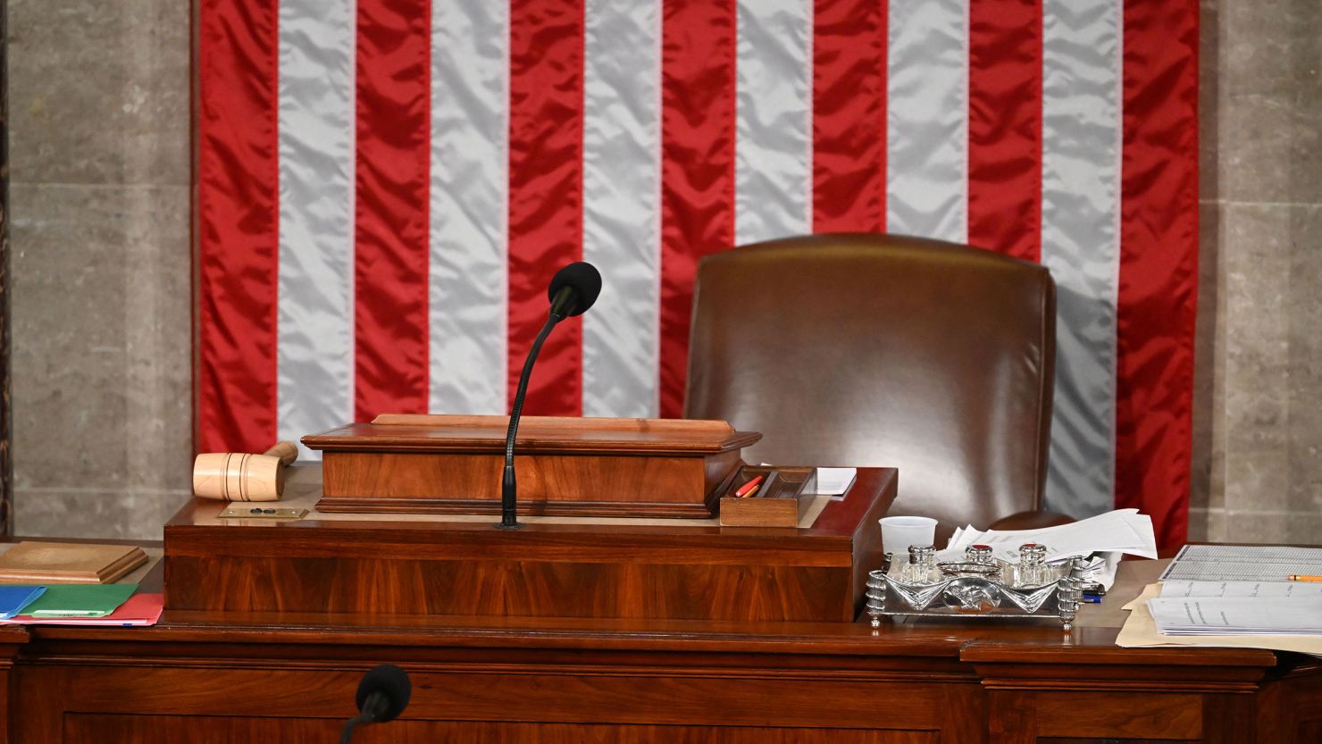 The seat of the House speaker stands empty as the House of Representatives continues voting for a new speaker on October 17, 2023.