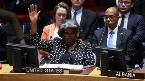 U.S. Ambassador to the United Nations Linda Thomas-Greenfield votes against a Brazil-sponsored draft resolution during a meeting of the United Nations Security Council on the conflict between Israel and Hamas at U.N. headquarters in New York, U.S., October 18, 2023. 