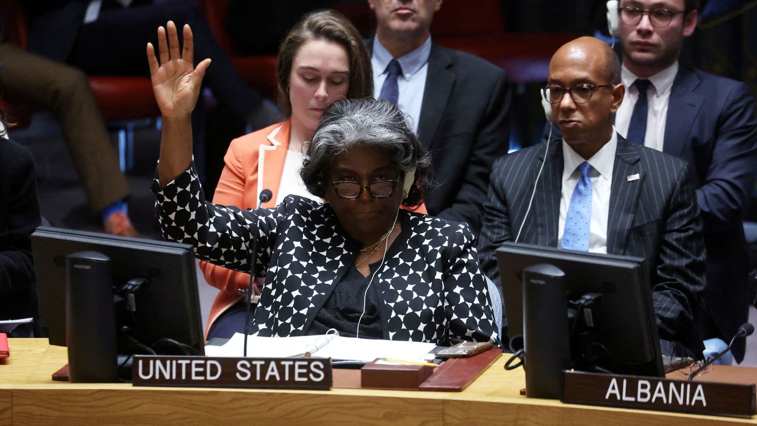 US Ambassador to the United Nations Linda Thomas-Greenfield votes against a Brazil-sponsored draft resolution on October 18, 2023. 