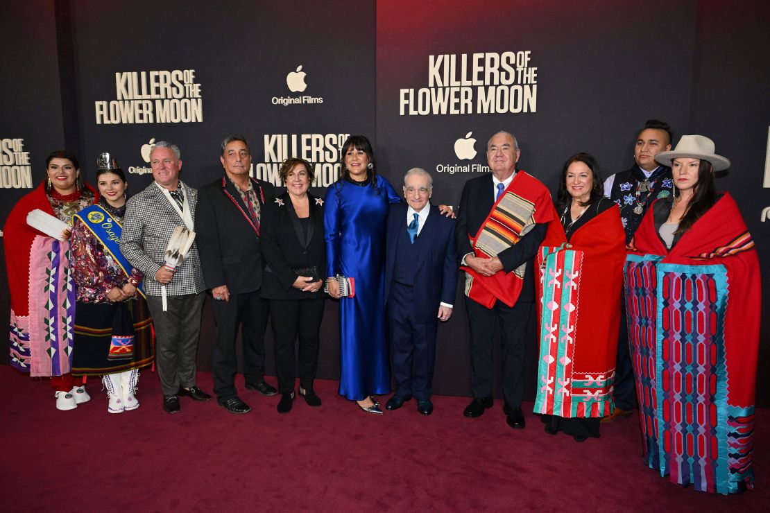 (L-R) Osage Nation Princess Gianna "Gigi" Sieke, Osage Nation Princess Lawren "Lulu" Goodfox, Chad Renfro, Scott George, Julie O'Keefe, Brandy Lemon, film director Martin Scorsese, Osage Nation Principal Chief Geoffrey Standing Bear, Julie Standing Bear, Christopher Cote, and Addie Roanhorse attend the premiere of Apple Original Films' "Killers of the Flower Moon" at Alice Tully Hall at Lincoln Center in New York on September 27, 2023. (Photo by ANGELA WEISS / AFP) (Photo by ANGELA WEISS/AFP via Getty Images)
