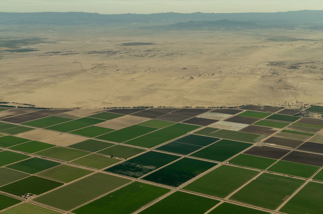 An aerial view of farm land in California's Imperial Valley in April 2023.