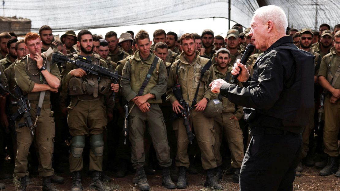 Israel's Defence Minister Yoav Gallant meets soldiers in southern Israel October 19, 2023.