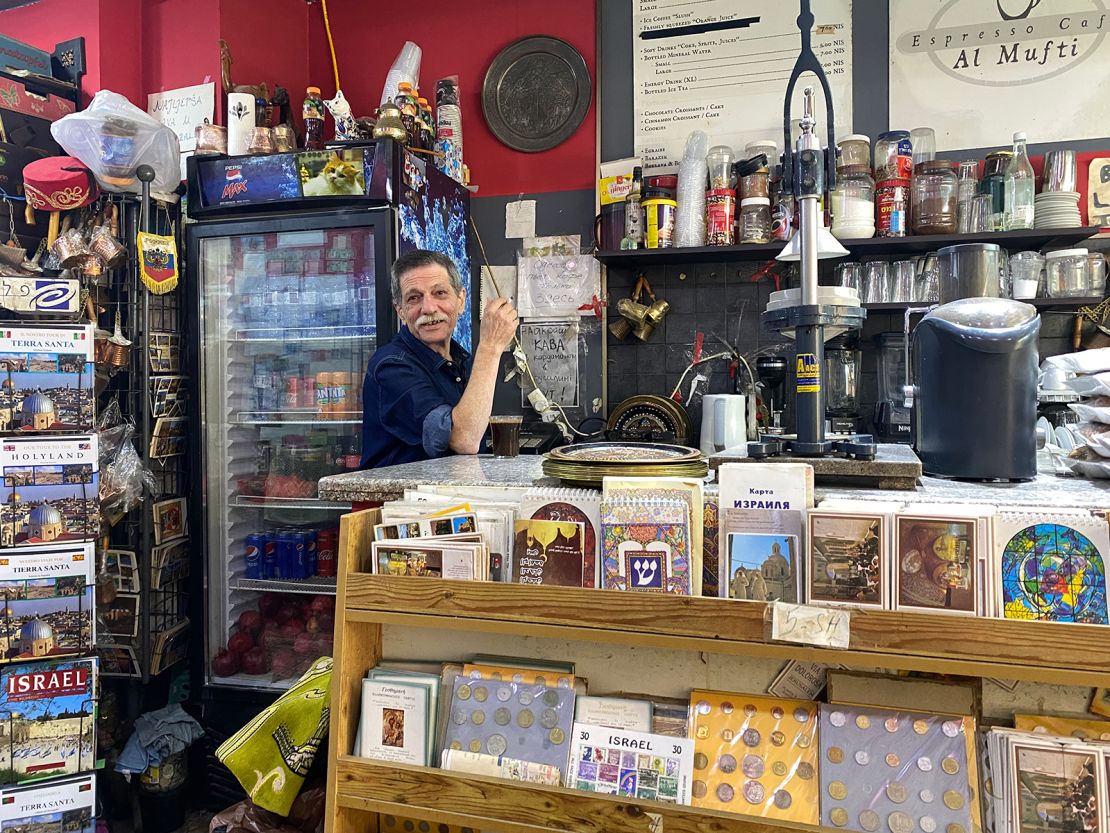 Abu Nader was born in the Old City of Jerusalem. He has spent his whole life in the city. Pictured in his coffee shop in the Muslim Quarter. 