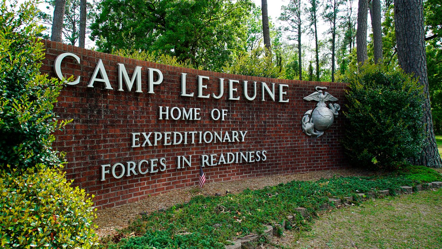 The main gate to Camp Lejeune Marine Base outside Jacksonville.