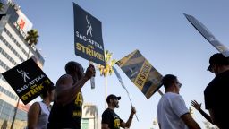 Supporters of SAG-AFTRA picketed in front of the Netflix offices along Sunset Boulevard, in Los Angeles, CA, Wednesday, Oct. 18, 2023. Actors have been on strike since July 14, 2023. 