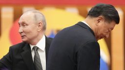 Russian President Vladimir Putin and Chinese leader Xi Jinping attend the Belt and Road Forum at the Great Hall of the People in Beijing on October 18, 2023. 