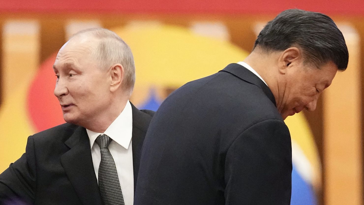 Russian President Vladimir Putin and Chinese leader Xi Jinping attend the Belt and Road Forum at the Great Hall of the People in Beijing on October 18, 2023. 