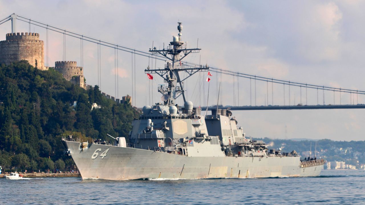 In this 2018 file photo, the US Navy destroyer USS Carney sails in the Bosphorus, on its way to the Mediterranean Sea, in Istanbul, Turkey. 