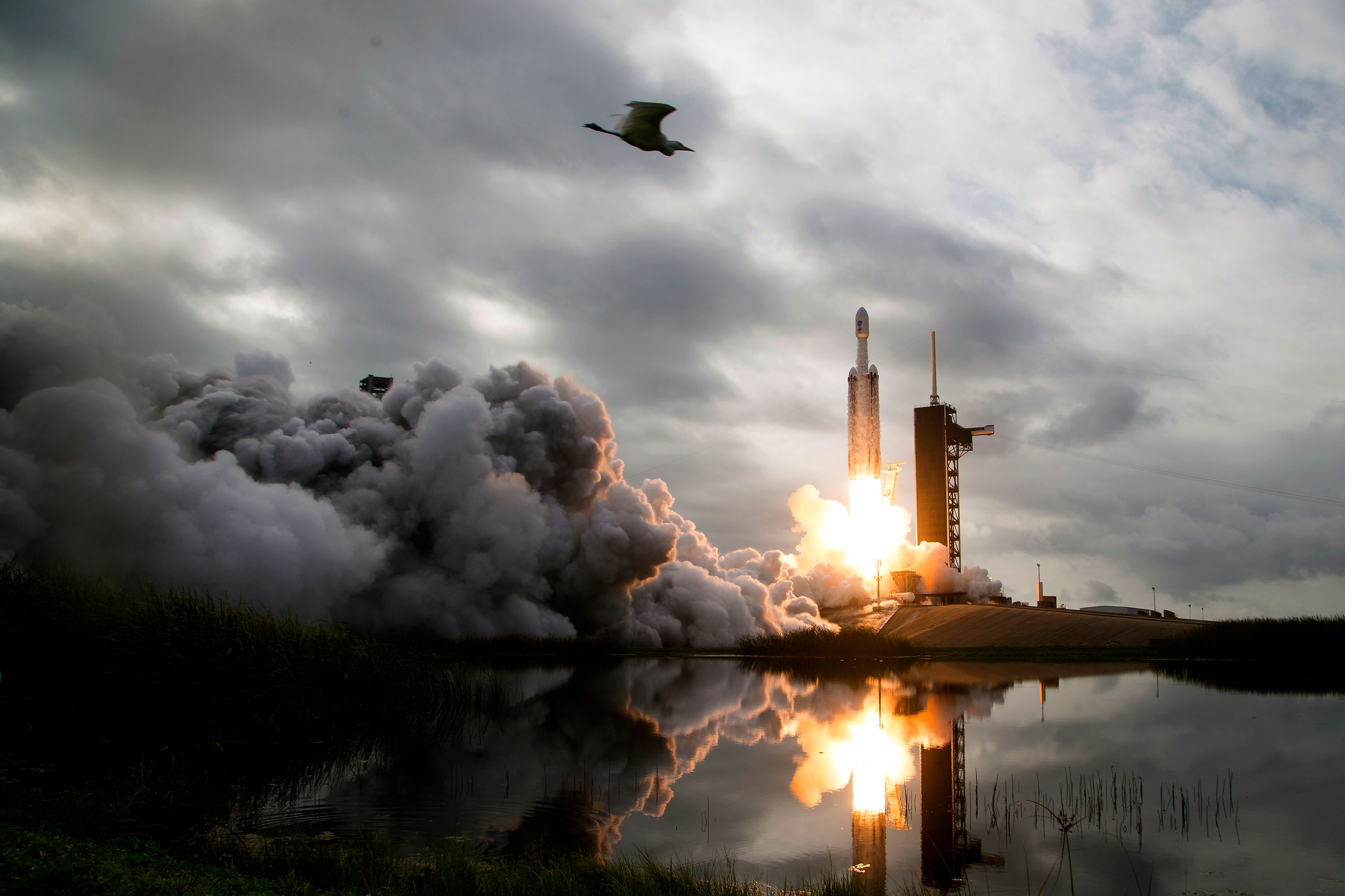 A SpaceX Falcon Heavy rocket with the Psyche spacecraft is launched.