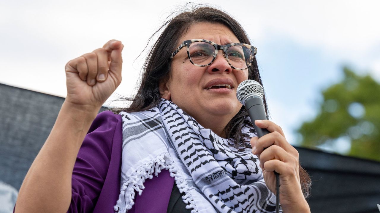 Rep. Rashida Tlaib, D-Mich., speaks during a demonstration calling for a ceasefire in Gaza near the Capitol in Washington on Wednesday, Oct. 18, 2023. (AP Photo/Amanda Andrade-Rhoades)