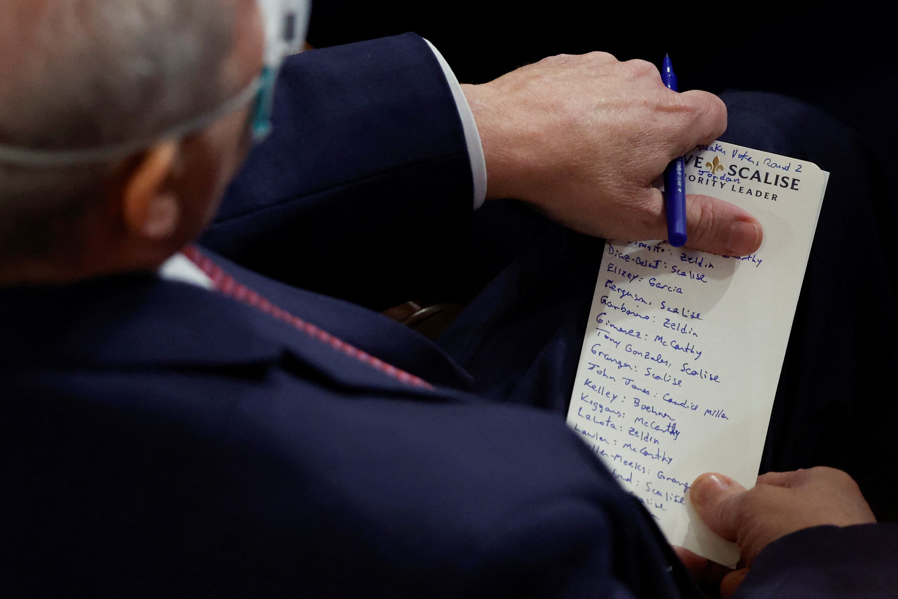 House Republican Majority Leader Steve Scalise tallies votes during voting for a new Speaker of the House.