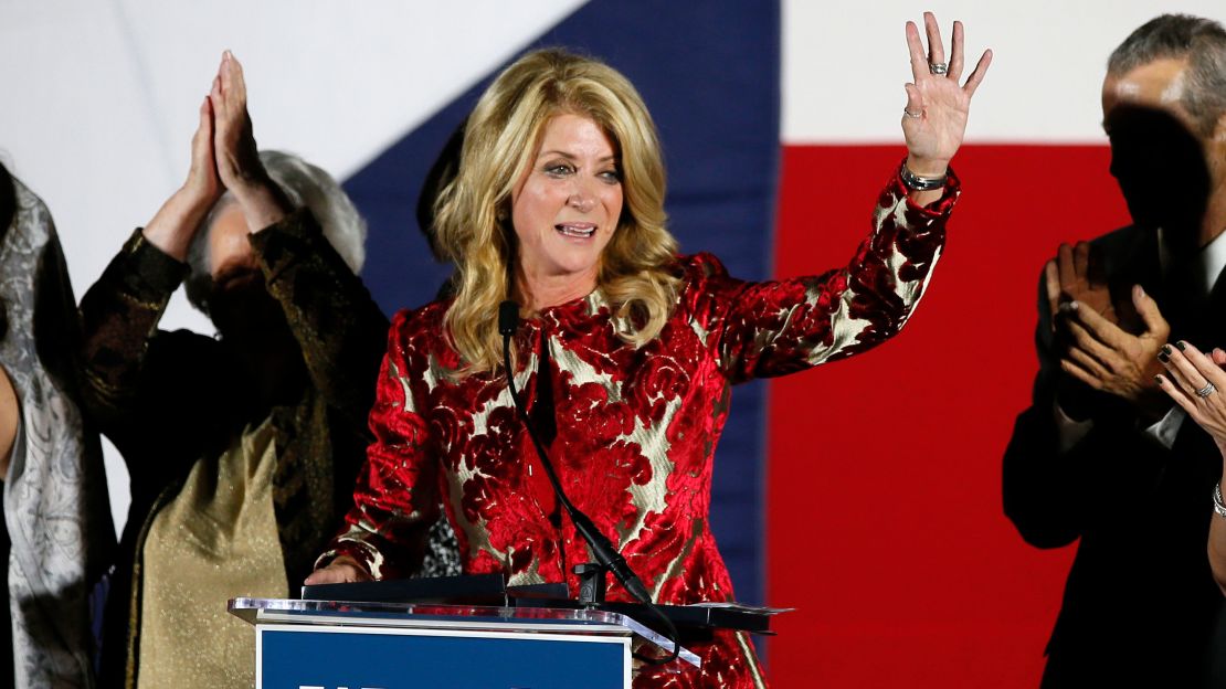 In a settlement revealed Wednesday, Oct. 18, 2023, city of San Marcos, Texas, officials agreed to pay $175,000 to former Texas state Sen. Wendy Davis and three others who were harassed by supporters of former president Donald Trump while campaigning for President Joe Biden in 2020, according to a legal settlement. (AP Photo/Tony Gutierrez, File)
