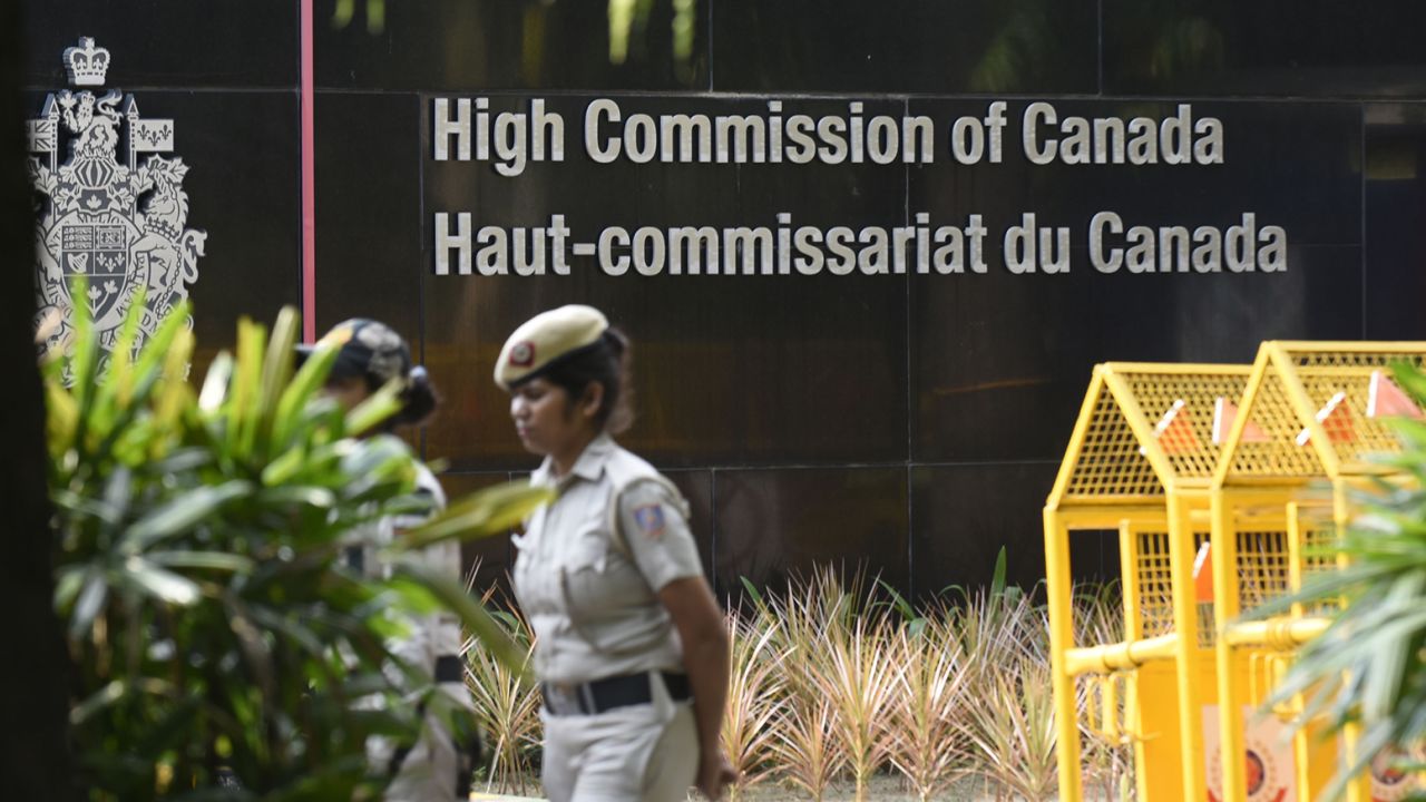 Indian police take security measures around the Canadian Embassy after Canada and India mutually expelled their diplomats in New Delhi on September 19, 2023.