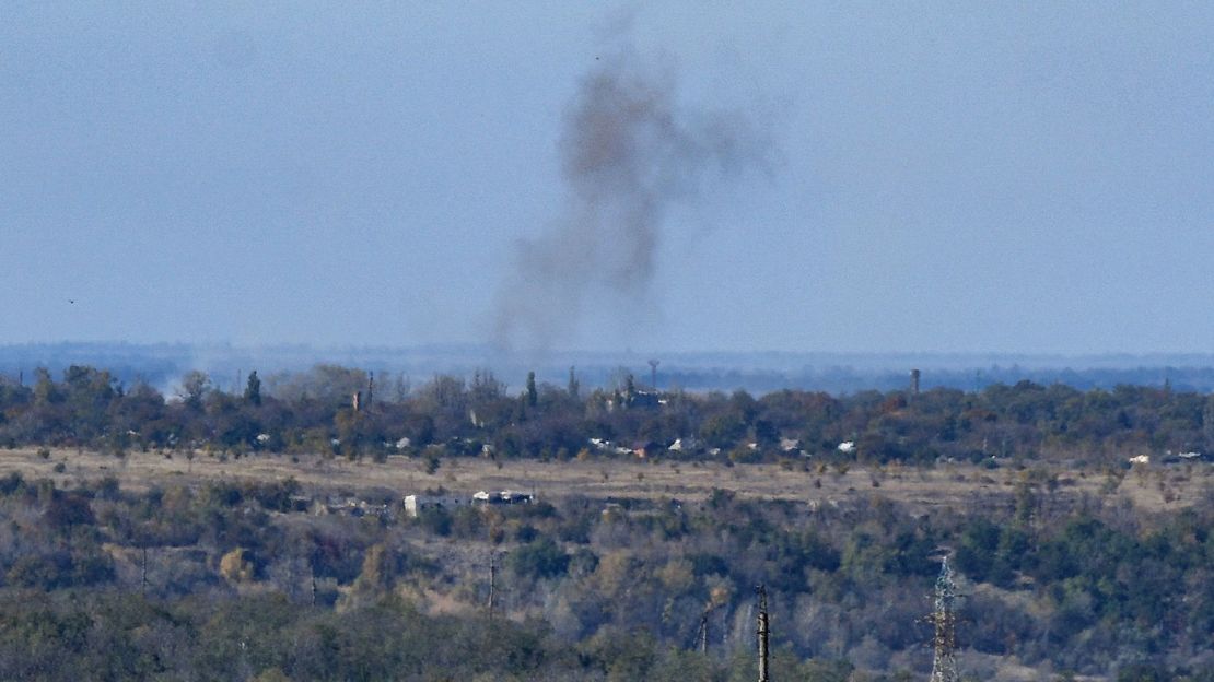 Smoke rises above the area of the front line town of Avdiivka on October 18, 2023, amid the ongoing Russian military action in Ukraine.