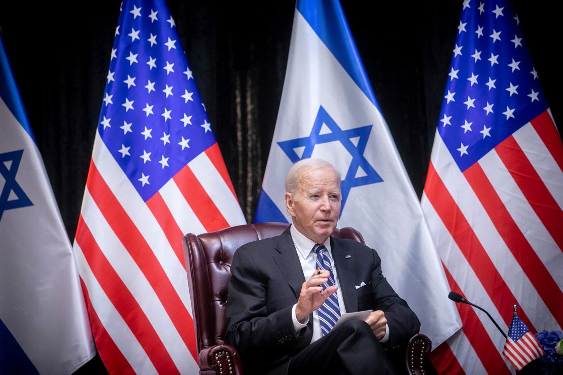 US President Joe Biden speaks during a meeting with Israeli Prime Minister Benjamin Netanyahu to discuss the war between Israel and Hamas, in Tel Aviv, Israel, on October 18.
