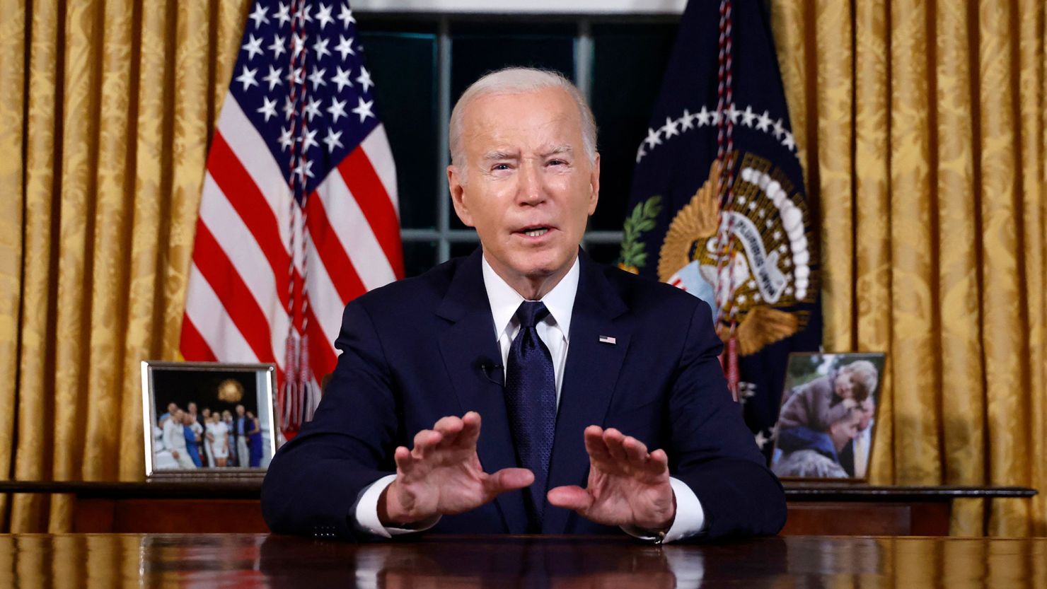 President Joe Biden addresses the nation on the conflict between Israel and Gaza and the Russian invasion of Ukraine from the Oval Office of the White House in Washington, DC, on October 19, 2023.