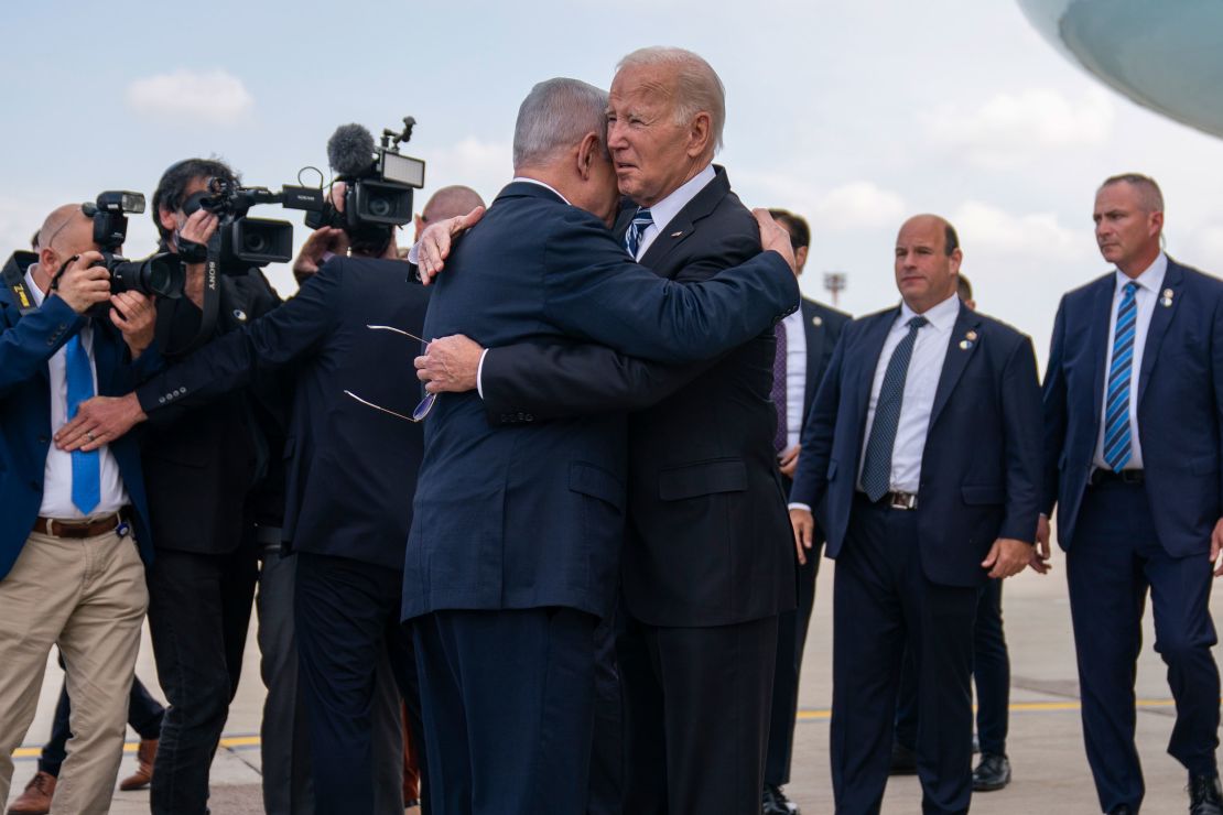President Joe Biden greets Israeli Prime Minister Benjamin Netanyahu at Ben Gurion International Airport, Oct. 18, 2023, in Tel Aviv. 