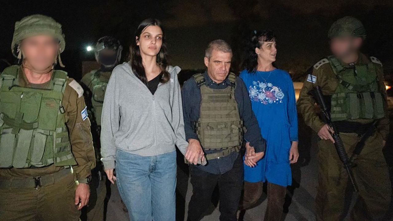 In this handout photo provided by the Israeli Government, American hostages Judith Tai Raanan and her 17-year-old daughter Natalie Raanan are seen following their release on Friday.