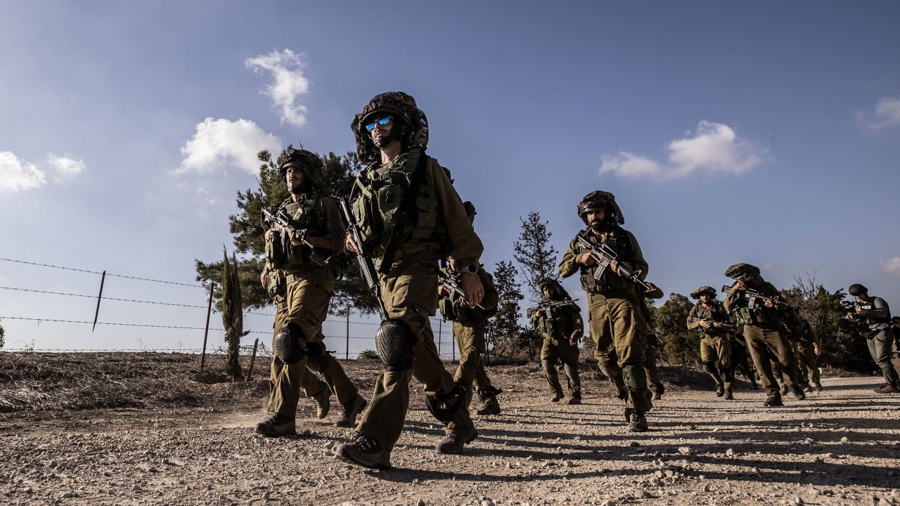 NIR OZ, ISRAEL - OCTOBER 19: Israeli soldiers patrol near the Gaza border as the clash between Israeli army and Palestinian factions continues in Nir Oz, Israel on October 19, 2023. (Photo by Mostafa Alkharouf/Anadolu via Getty Images)