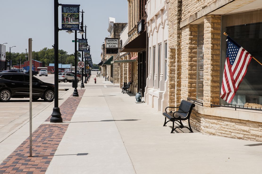 Small businesses line a street in Marion, Kansas, in August.