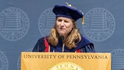 President of the University of Pennsylvania M. Elizabeth Magill on stage during the University of Pennsylvania 267th Commencement Ceremony at Franklin Field in Philadelphia, Pennsylvania on May 15, 2023.