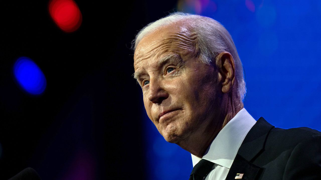 WASHINGTON, DC - OCTOBER 14: US President Joe Biden delivers remark on stage during the 2023 Human Rights Campaign National Dinner at the Washington Convention Center on October, 14, 2023 in Washington, DC. (Photo by Kent Nishimura/Getty Images)