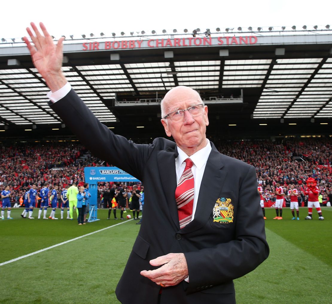 Sir Bobby Charlton of Manchester United attends the unveiling of a stand renamed in his honour ahead of the Barclays Premier League match between Manchester United and Everton at Old Trafford on April 3, 2016 in Manchester, England.