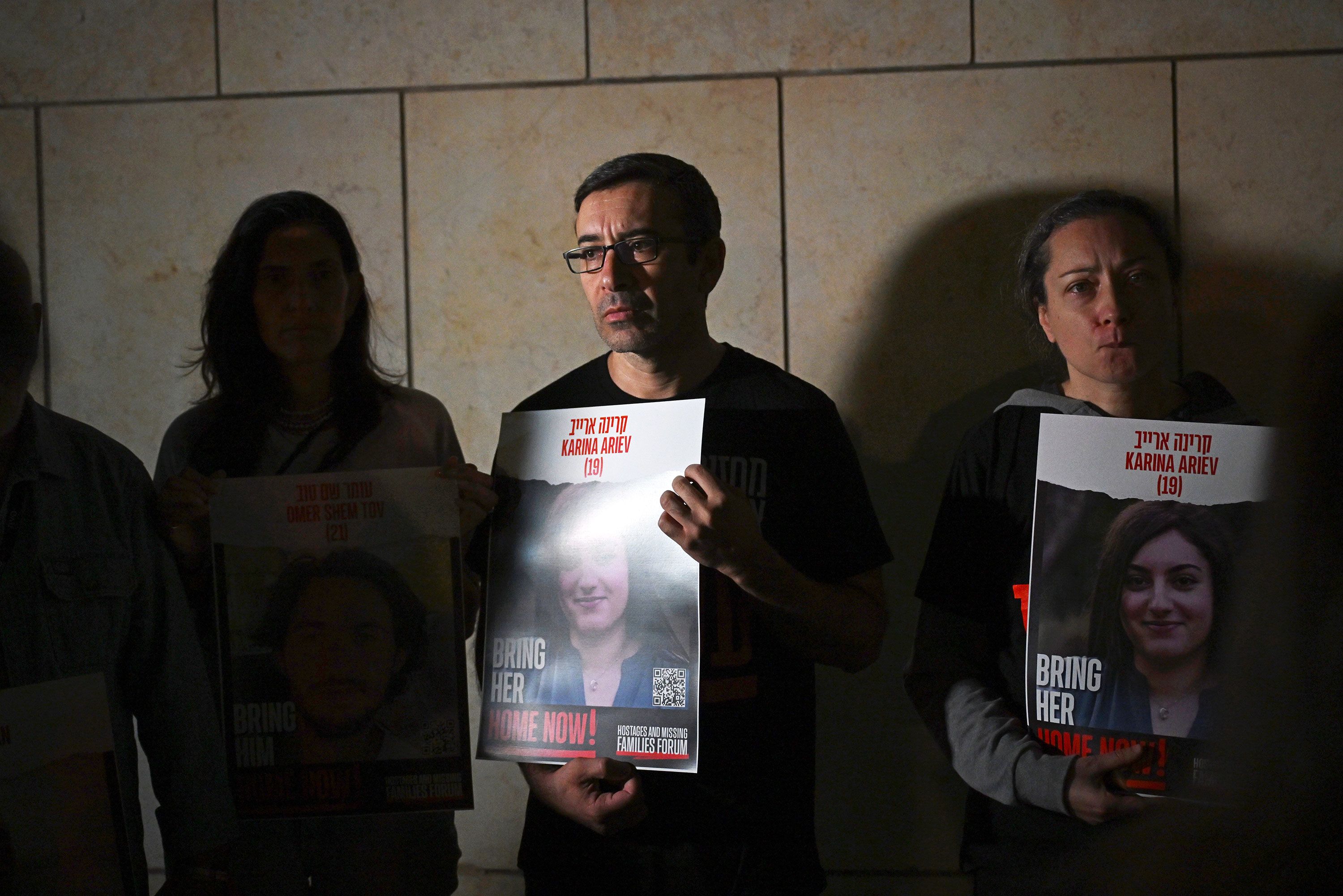 Relatives of hostages speak to the media during the 'Lighting up the Light' campaign for the return of those held captive, in Tel Aviv, Israel, on October 21.