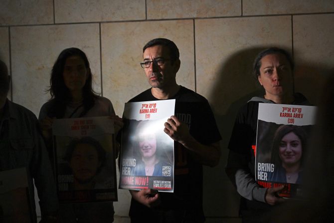 Relatives of hostages speak to the media during the "Lighting up the Light" campaign for the return of those held captive, in Tel Aviv, Israel, on October 21.