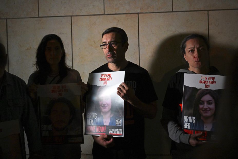 Relatives of hostages speak to the media during the "Lighting up the Light" campaign for the return of those held captive, in Tel Aviv, Israel, on October 21.