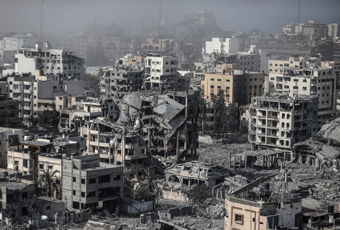 A view of damaged buildings as the Israeli airstrikes continue on its 16th day in Gaza City, Gaza on October 22, 2023.