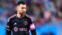 Lionel Messi #10 of Inter Miami looks into the distance during a soccer match against the Charlotte FC at Bank of America Stadium in Charlotte, North Carolina on Oct 21, 2023.