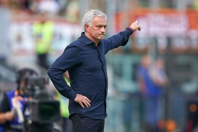 Jose' Mourinho head coach of AS Roma gestures during the Serie A Tim match between AS Roma and AC Monza at Stadio Olimpico on October 22, 2023 in Rome, Italy.