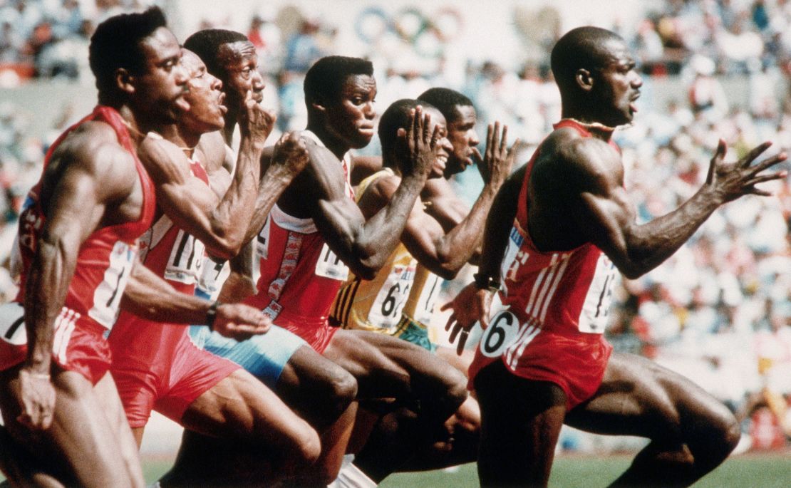 Canadian Ben Johnson breaks from the pack during the 100 meter race of the 1988 Olympic Games in Seoul. Johnson set a world-record and was awarded the gold medal, but was later stripped of his record and medal when it was determined he had used steroids, September 24, 1988.