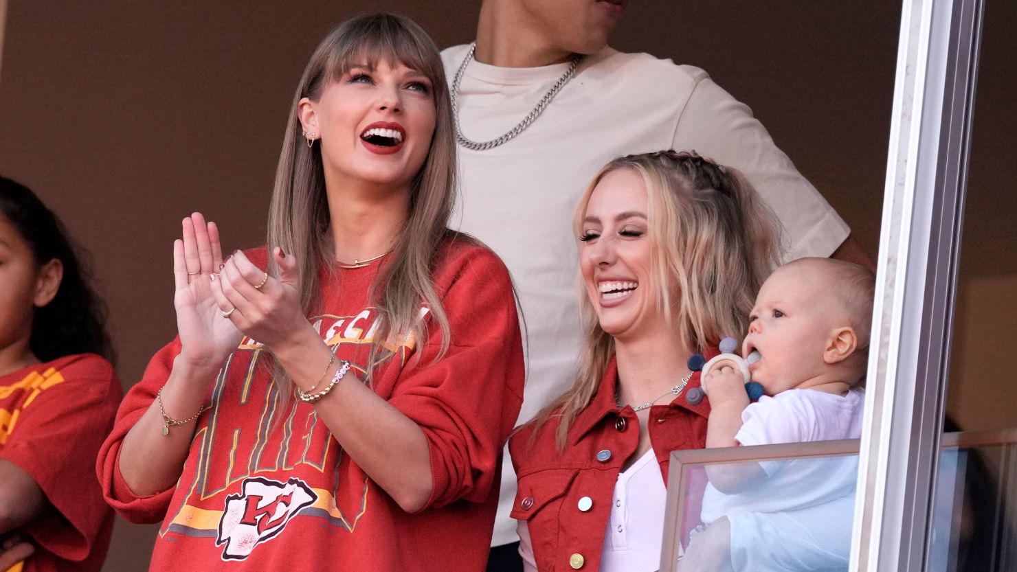 Taylor Swift cheers alongside Brittany Mahomes, right, before the start of an NFL football game between the Kansas City Chiefs and the Los Angeles Chargers Sunday, Oct. 22, 2023, in Kansas City, Mo.