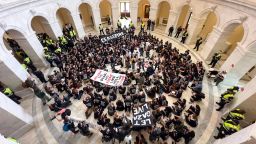 Activists from the group 'Jewish Voice for Peace' protest Israel's expected ground assault on Gaza and call for an immediate ceasefire, inside the Cannon House Office Building next to the US Capitol in Washington DC, USA, 18 October 2023.