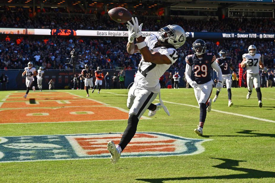Las Vegas Raiders wide receiver Davante Adams drops a pass in the end zone. The Raiders lost 30-12 to the Chicago Bears.