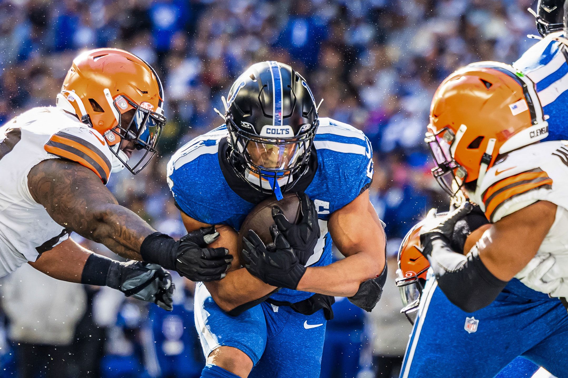 INDIANAPOLIS, IN - SEPTEMBER 19: A Los Angeles Rams helmet sits on