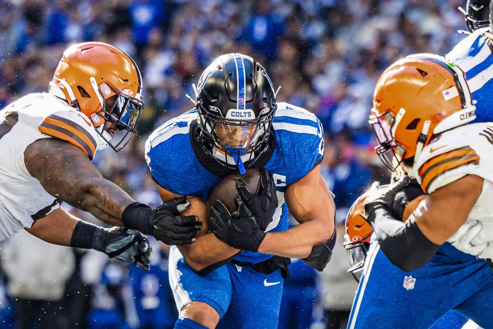 Indianapolis Colts running back Jonathan Taylor runs the ball during the Colts' 39-38 loss to the Cleveland Browns on October 22.