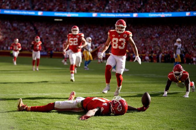 Teammates run to Kansas City Chiefs wide receiver Marquez Valdes-Scantling as he celebrates his touchdown during the game against the Los Angeles Chargers on October 22. The Chiefs won 31-17.