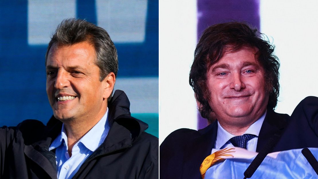 Gauche : l'actuel ministre argentin de l'Économie et candidat de gauche à la présidentielle, Sergio Massa ;  à droite : Javier Milei, candidat libertaire d'extrême droite à la présidentielle.