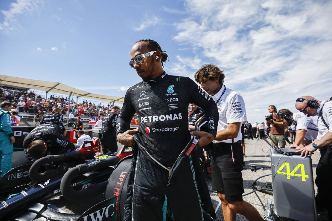 AUSTIN, TEXAS - OCTOBER 22: Lewis Hamilton of Great Britain and Mercedes prepares to drive on the grid prior to the F1 Grand Prix of United States at Circuit of The Americas on October 22, 2023 in Austin, Texas. (Photo by Chris Graythen/Getty Images)