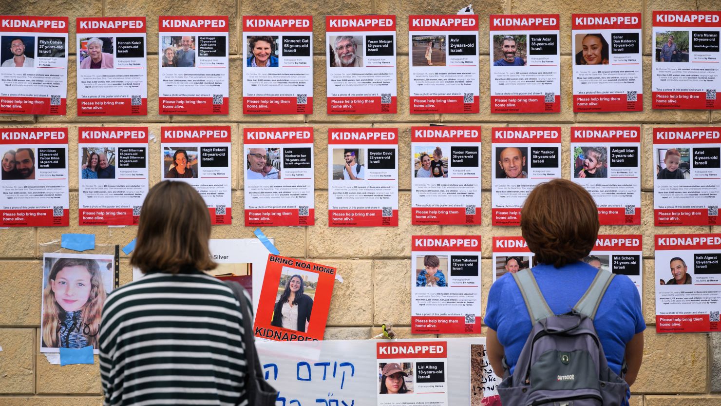 Photographs of some of those taken hostage by Hamas during their recent attacks are seen on October 18, 2023 in Tel Aviv, Israel.