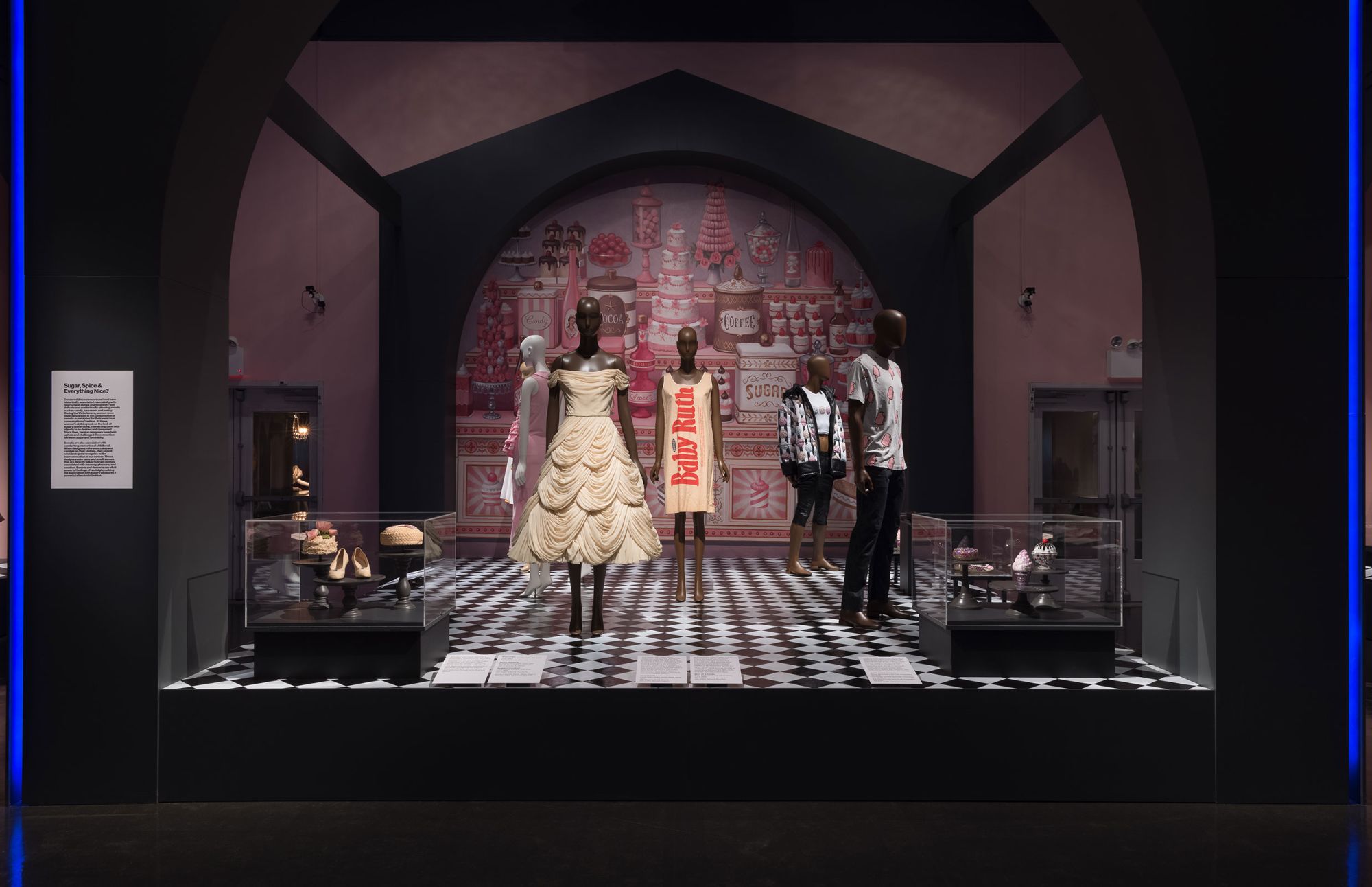 "Sugar, Spice & Everything Nice?," on display within the Museum at FIT's "Food & Fashion" exhibition, contains pieces including a circa-1955 lace Balenciaga hat, a silk chiffon tiered dress by the French fashion designer Jean Dessès and ice cream-inspired Judith Leiber clutches.