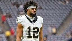 New Orleans Saints wide receiver Chris Olave (12) warms up before the football game between the New Orleans Saints and Houston Texans at NRG Stadium on October 15, 2023, in Houston, Texas.