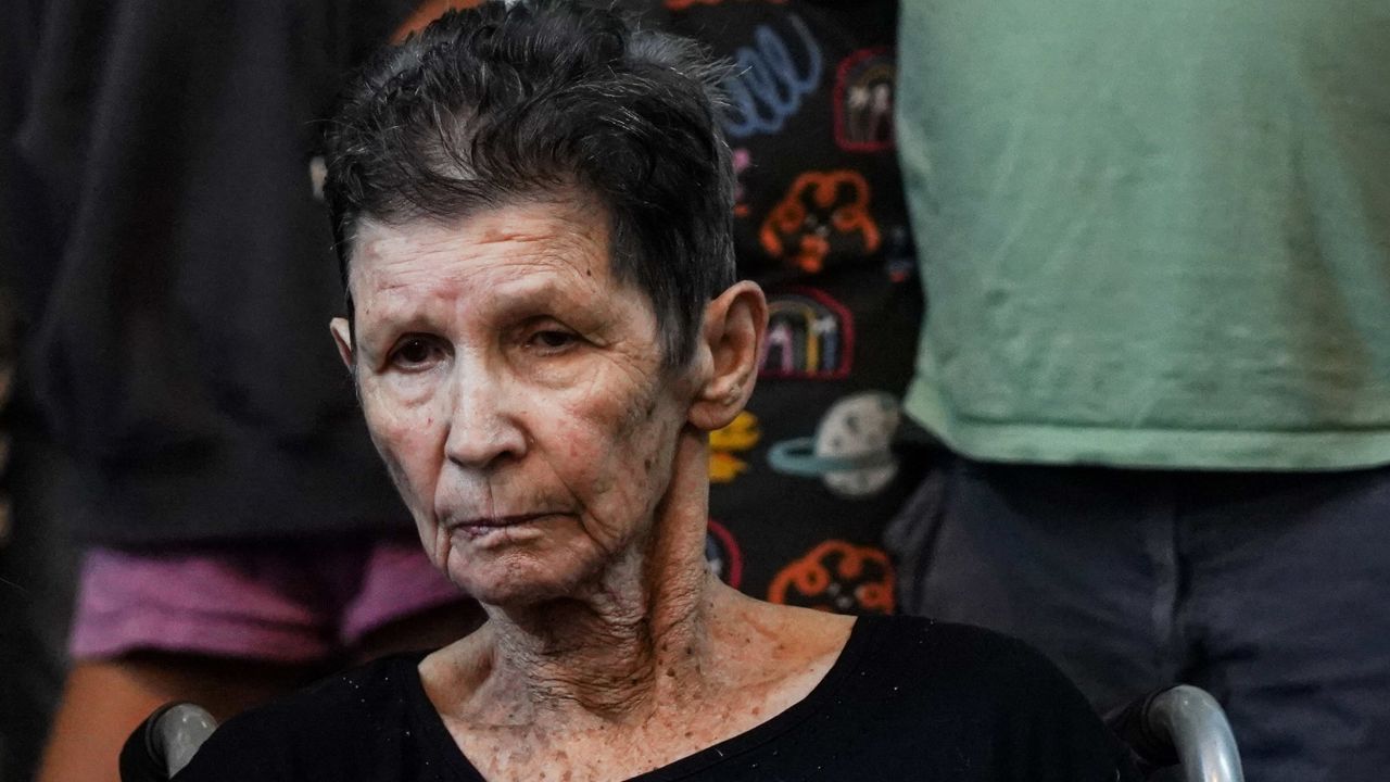 Yocheved Lifshitz, 85, an Israeli grandmother who was held hostage in Gaza looks on after being released by Hamas militants, at Ichilov Hospital in Tel Aviv, Israel October 24, 2023. REUTERS/Janis Laizans