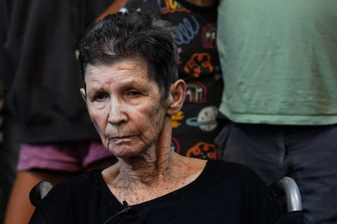 Yocheved Lifshitz, 85, an Israeli grandmother who was held hostage in Gaza for over two weeks, speaks to reporters a day after her release from captivity. 