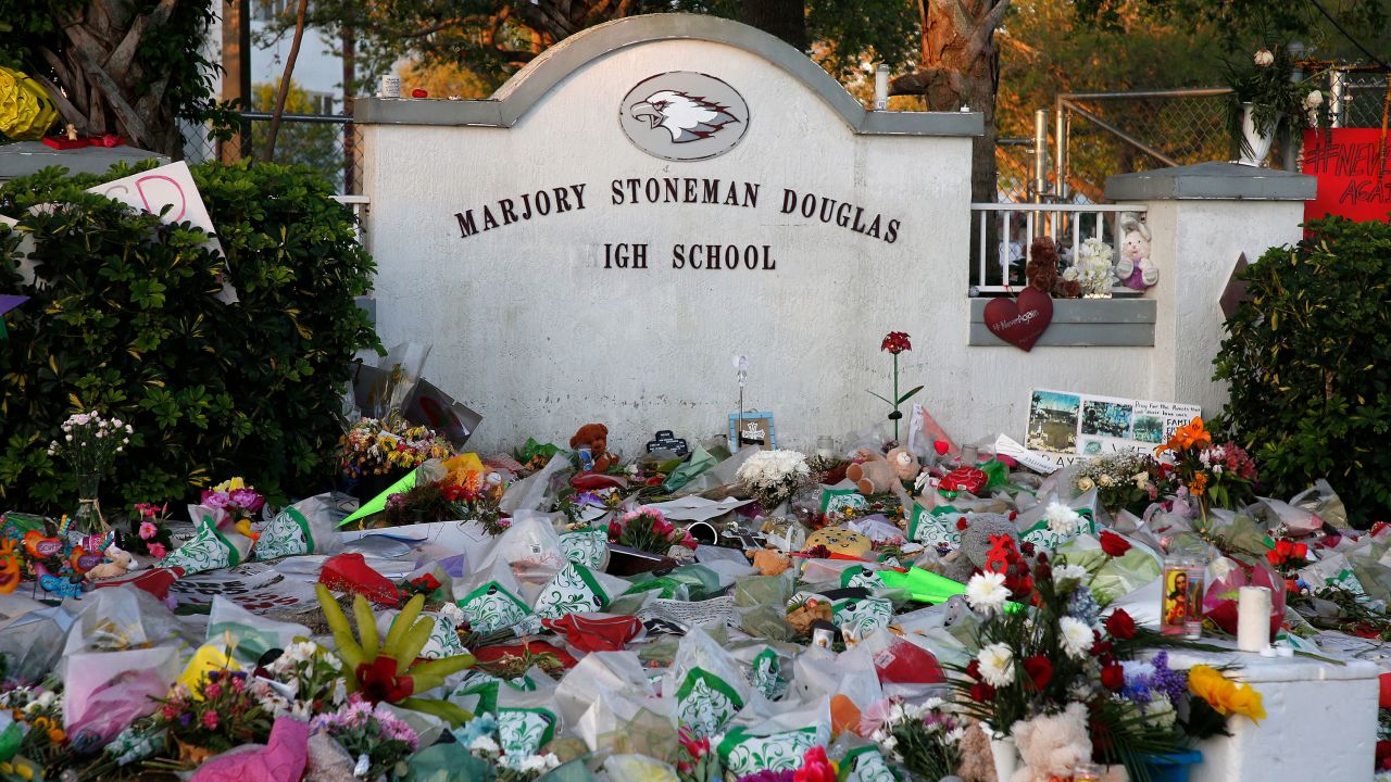 A makeshift memorial at Marjory Stoneman Douglas High School in Parkland, Florida, on February 27, 2018.