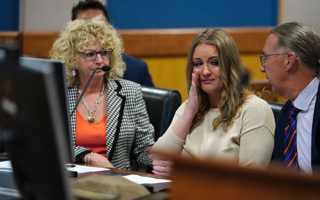 Jenna Ellis reacts after reading a statement after Ellis pleaded guilty to a felony count of aiding and abetting false statements and writings, inside Fulton Superior Court Judge Scott McAfee's Fulton County Courtroom at the Fulton County Courthouse October 24, 2023 in Atlanta, Georgia.