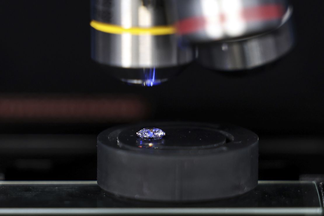 A lab-grown diamond inside the laser chamber of a chemical vapor deposition (CVD) reactor system at the Diam Concept laboratory in Paris, France, on Thursday, March 16, 2023. Though diamonds grown in labs currently represent a small portion of the market, the share has been growing as the cheaper stones have the same physical characteristics and chemical makeup as mined diamonds, with experts needing a machine to distinguish between synthesized and mined gems. Photographer: Valeria Mongelli/Bloomberg via Getty Images